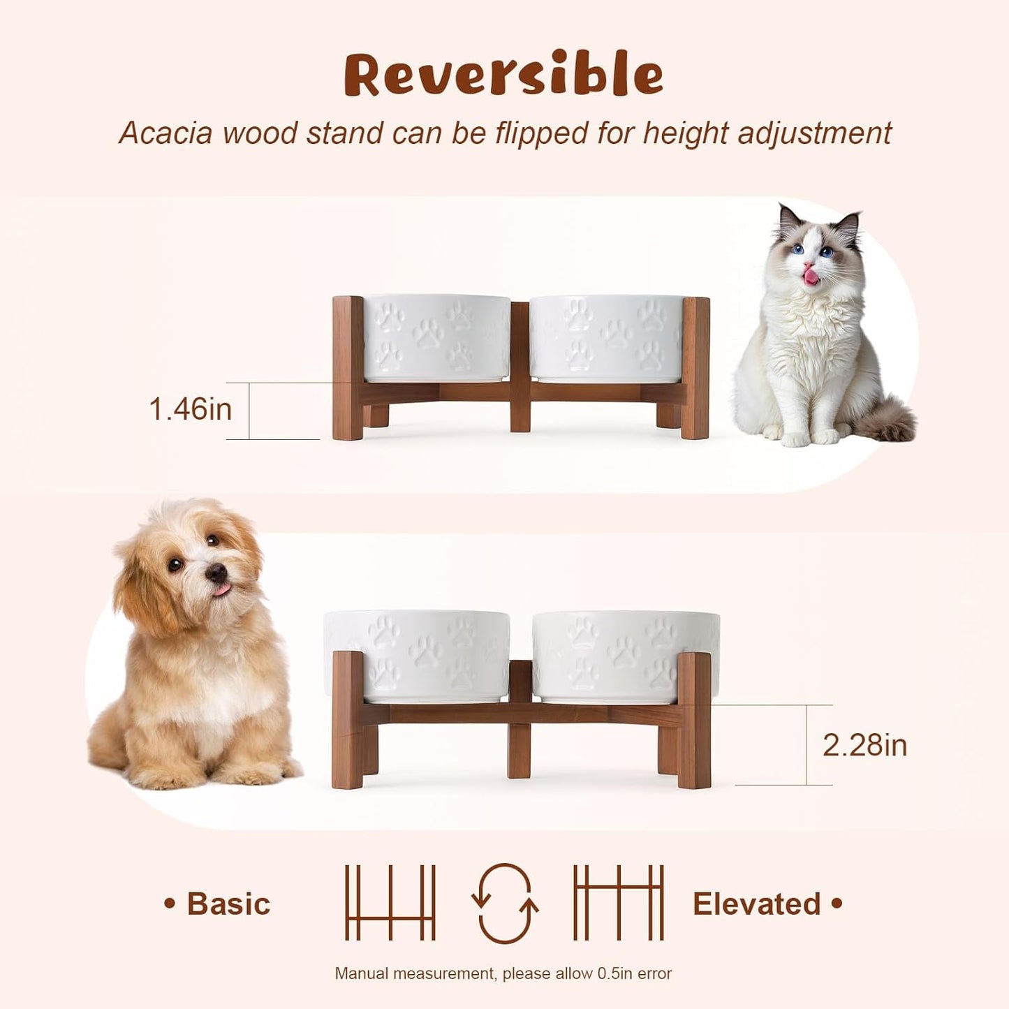 SPUNKYJUNKY Ceramic Elevated Dog Bowl Set with Acacia Wood Stand for Food and Water for Cats and Small Dogs (13.52 OZ, White, Dog Paw Pattern)