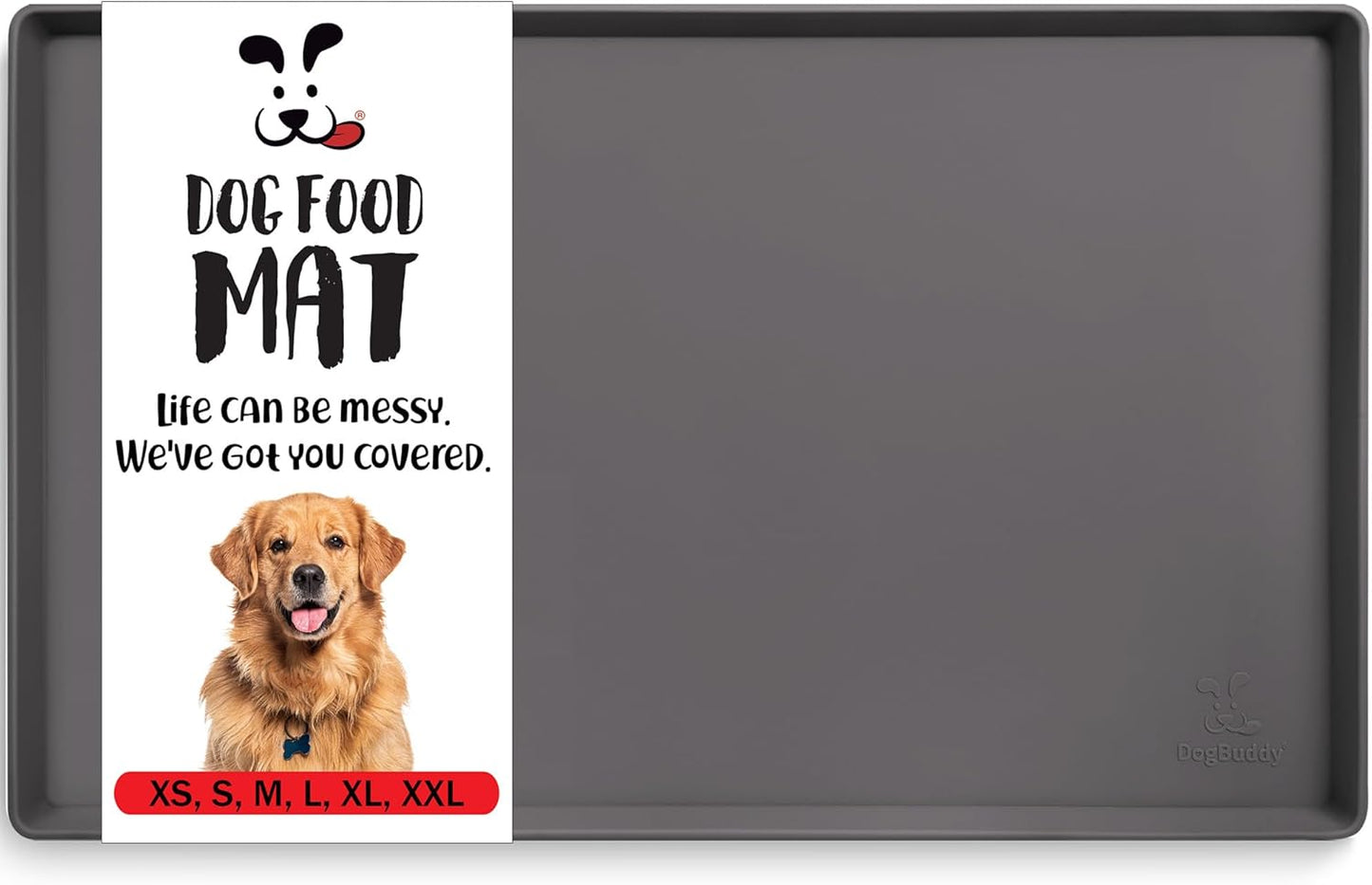 DogBuddy Dog Food Mat – Waterproof Dog Bowl Mat for Food and Water, Silicone Pet Feeding Mats for Floors, Non-Slip Placemat with High Edges for Dogs Bowls, Puppy Essentials (L: 24" x 16", Shadow)