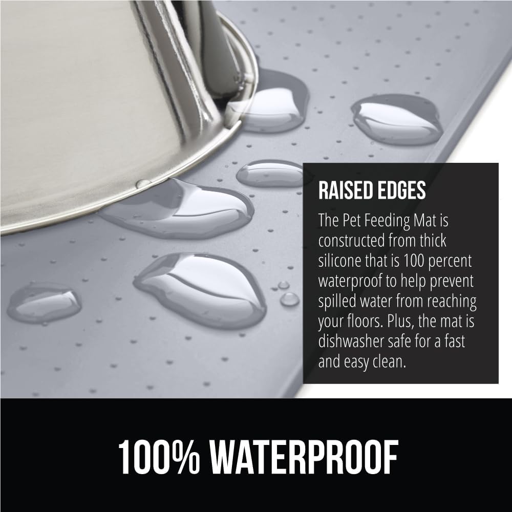 GORILLA GRIP 100% Waterproof Raised Edge BPA Free Silicone Pet Feeding Mat, Dog Cat Food Mats Contain Spills Protects Floors, Placemats for Cats, Dogs Water Bowl, Pets Accessories 28x18 Light Gray