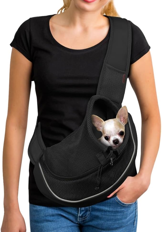 YUDODO Pet Sling Carrier for Small Dogs & Cats – Hands-Free Puppy Carrier with Safety Hook, Large Zipper Pocket, Soft Breathable Mesh, Adjustable Strap & Reflective Strip (Black 2.0 L)