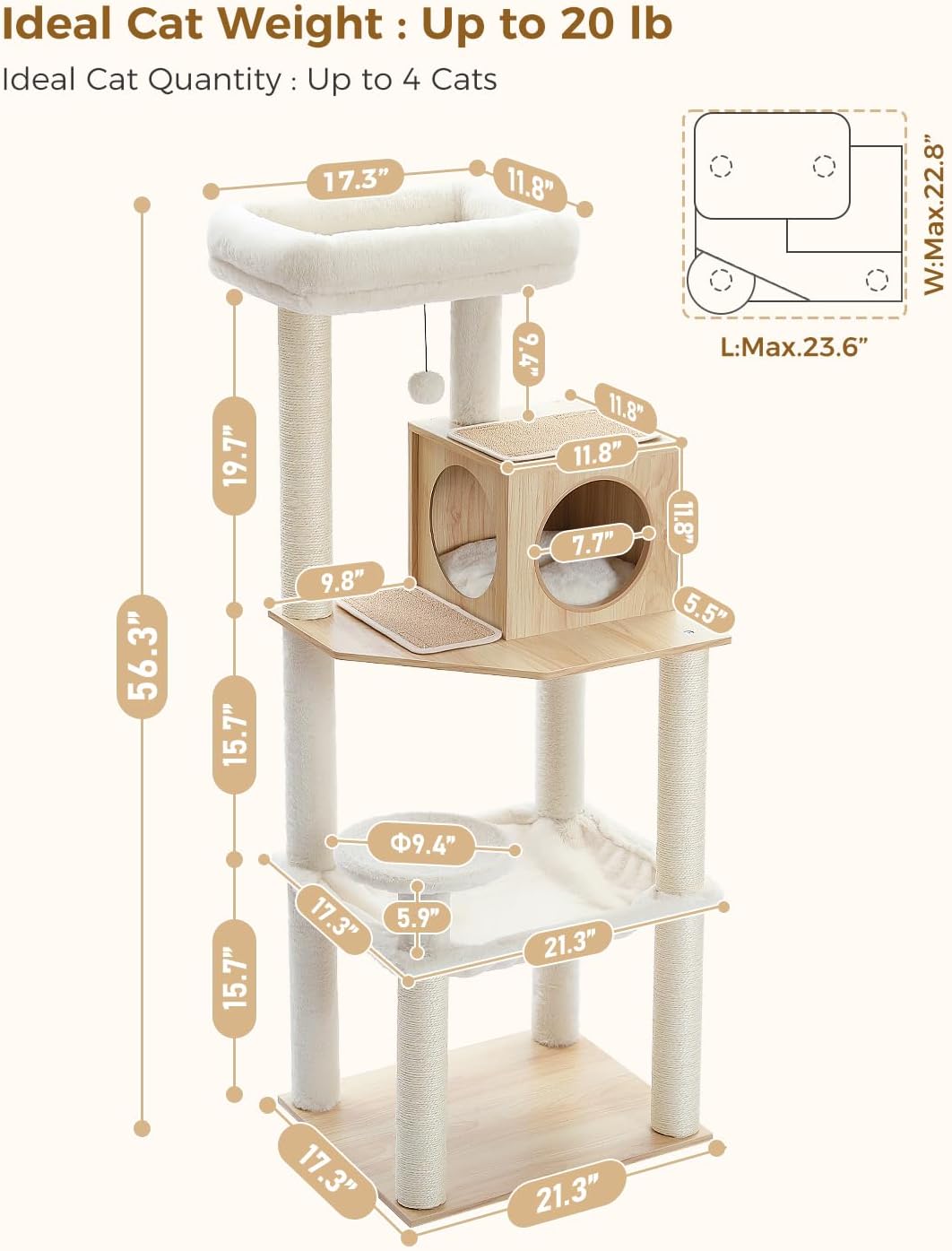 PETEPELA Wood Cat Tree for Indoor Cats Multi-Level Tower with Sisal Covered Scratching Posts, Cozy Condo, Super Large Hammock and Plush Perches Faux Rabbit Milk Fur Beige Rabbit Fur Wood Beige