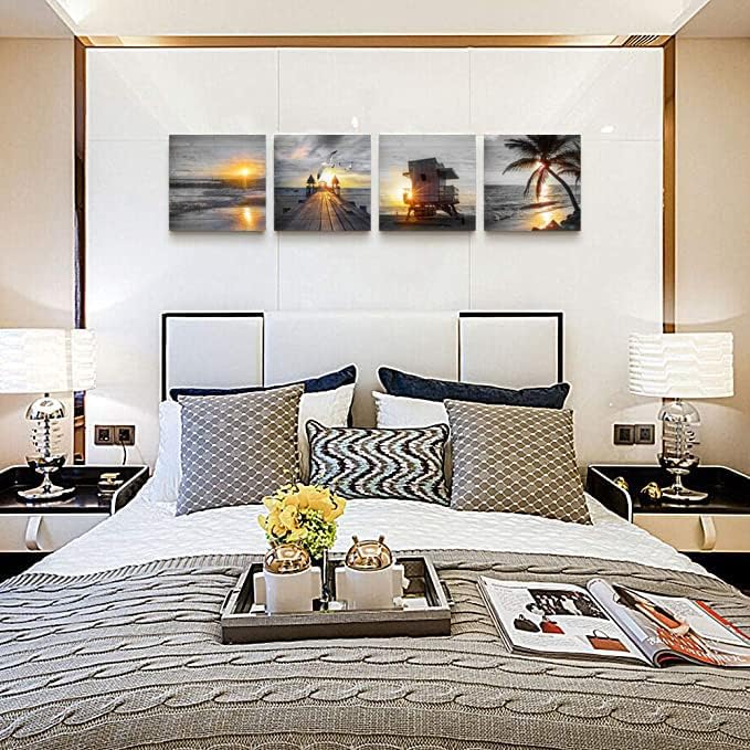 Yxbhhym- Bathroom Wall Art Black and White Gold Beach Wall Art Ocean Canvas Print Sunrise Sunset Seascape Scenery Painting Poster Framed Picture Bedroom Wall Decor Living Room Office Wall Decoration