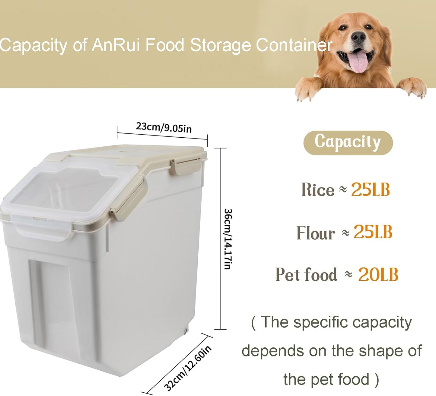AnRui Airtight Flour Storage Container 25lb, Plastic Grain Storage Bucket, Rice Cereal Dispenser Organizer Box with Lid, Cat Dog Food Storage Bin with Measuring Cup, Scoop, Wheels, 2Pcs Grey