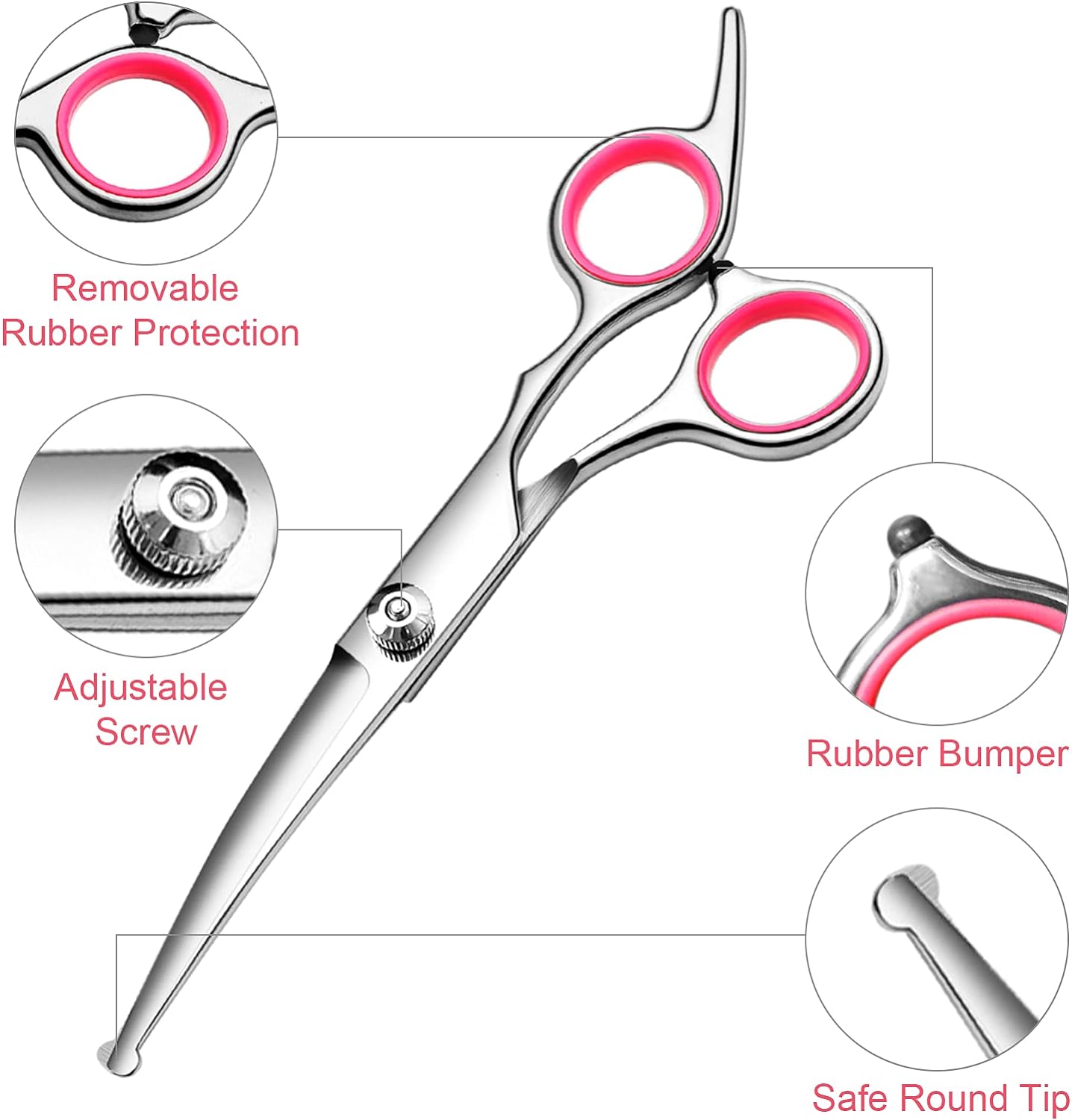 Dog Grooming Scissors with Safety Round Tips Stainless Steel Professional Dog Grooming Kit - Thinning, Curved Scissors and Comb for Cat Pet (Pink 4 in 1)