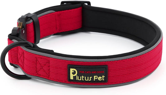 Plutus Pet Tactical Dog Collar, Reflective, Adjustable Heavy Duty Dog Collar, Soft Padded and Comfortable, for Small Medium and Large Dogs (Red, L)