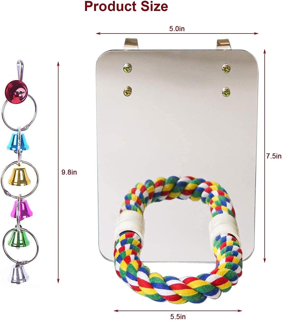 7" Bird Mirror with Rope Perch Bird Toys Swing, Comfy Perch for Greys Amazons Parakeet Cockatiel Conure Lovebirds Finch Canaries