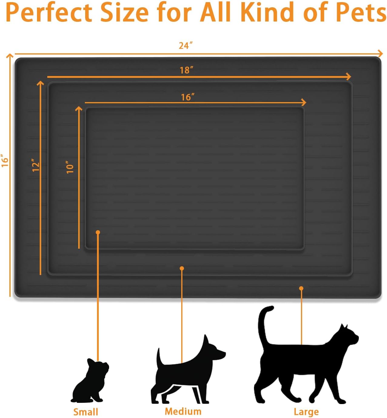 24" x 16" Dog Food Mat, Silicone Pet Mats for Food and Water, Nonslip Pet Feeding Mats for Floors, Dog Cat Bowl Mat with Raised Edges, Light Gray