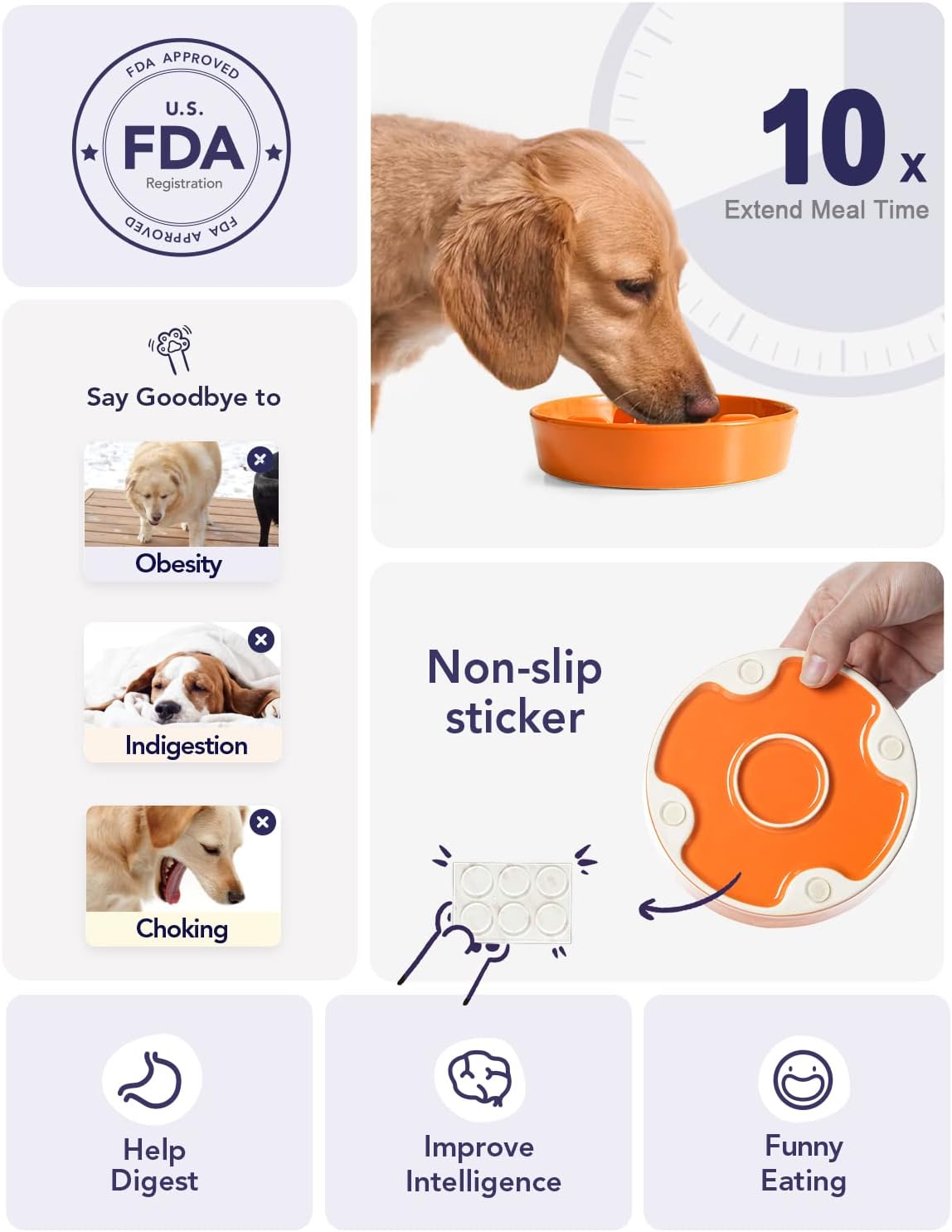 LE TAUCI Ceramic Slow Feeder Dog Bowls Small Breed, 0.6 Cups Dog Food Dish for Fast Eaters, Puzzle Bowl for Small Dogs and Cats,Sun Orange