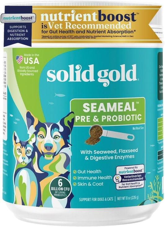 Solid Gold SeaMeal Cat Probiotic & Dog Probiotics for Digestive Health - Kelp Powder Dog & Cat Multivitamin Supplement w/Prebiotics & Digestive Enzymes for Skin, Coat, & Gut + Immune Support - 8oz
