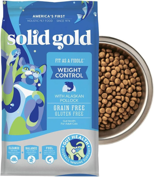 Solid Gold Weight Management Cat Food for Adults - Grain Free & Gluten Free Dry Cat Food Indoor & Outdoor Recipe for Healthy Weight w/Alaskan Pollock & Probiotics for Gut Health & Digestion - 12 LB