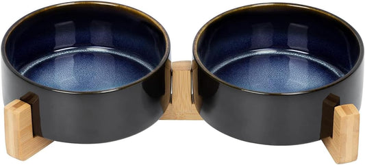 SPUNKYJUNKY Ceramic Dog and Cat Bowl Set with Wooden Stand, Modern Cute Weighted Food Water Set for Small Size Dogs (13.5OZ) & Medium Sized Dogs (28.7OZ) & Cats (1.7 Cups, 2 × Starry Blue)