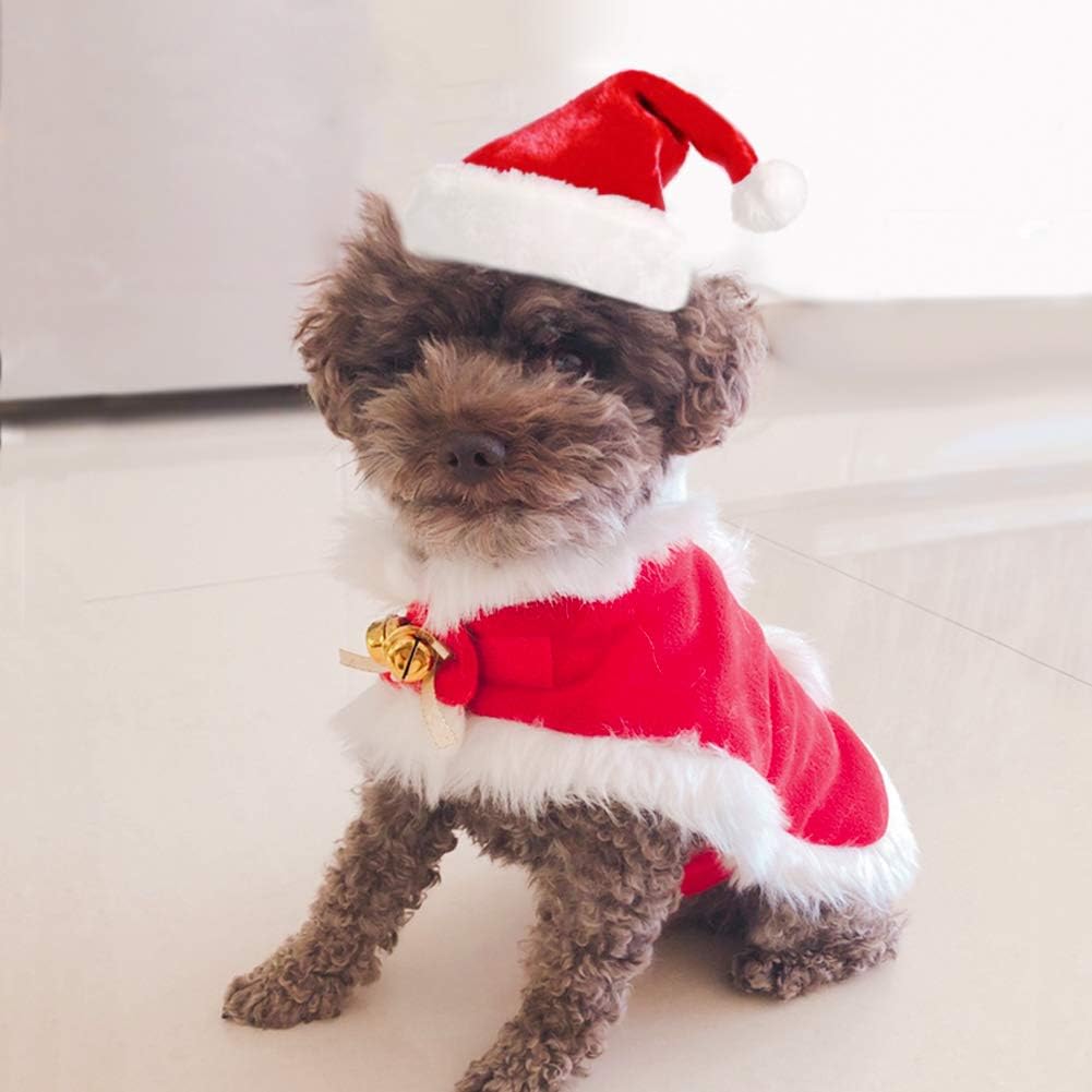 Enjoying Cat Christmas Costume, Pet Santa Claus Hat with Xmas Clothes for Cats Small Dogs, Kitten Christmas Warm Cloak Coat, New Year Puppy Red Hat Outfit