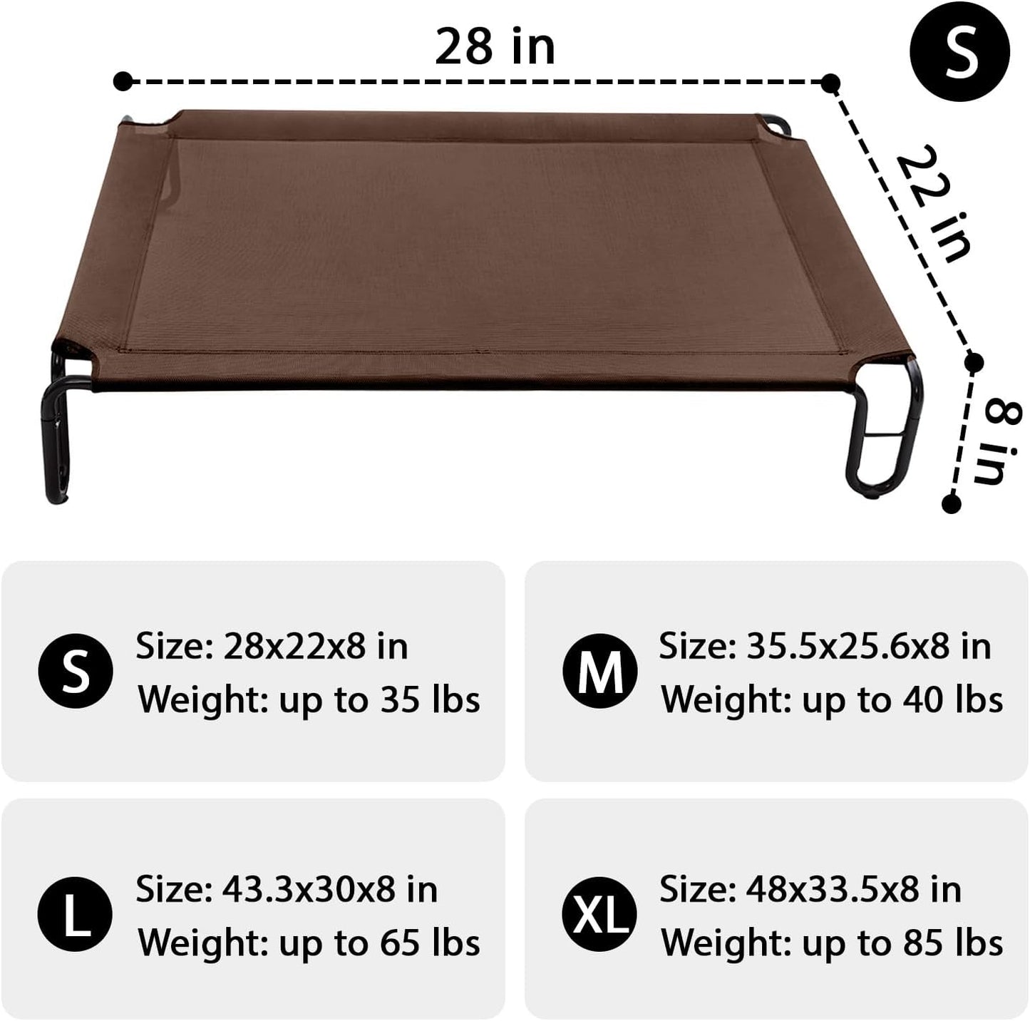 pettycare Elevated Outdoor Dog Bed - Raised Cots Beds for Small Dogs, Waterproof Pet Hommock Easy to Assemble, Cooling with Teslin Mesh, Durable, Non Slip, Indoor & Outdoor, Up to 35 lbs, Brown