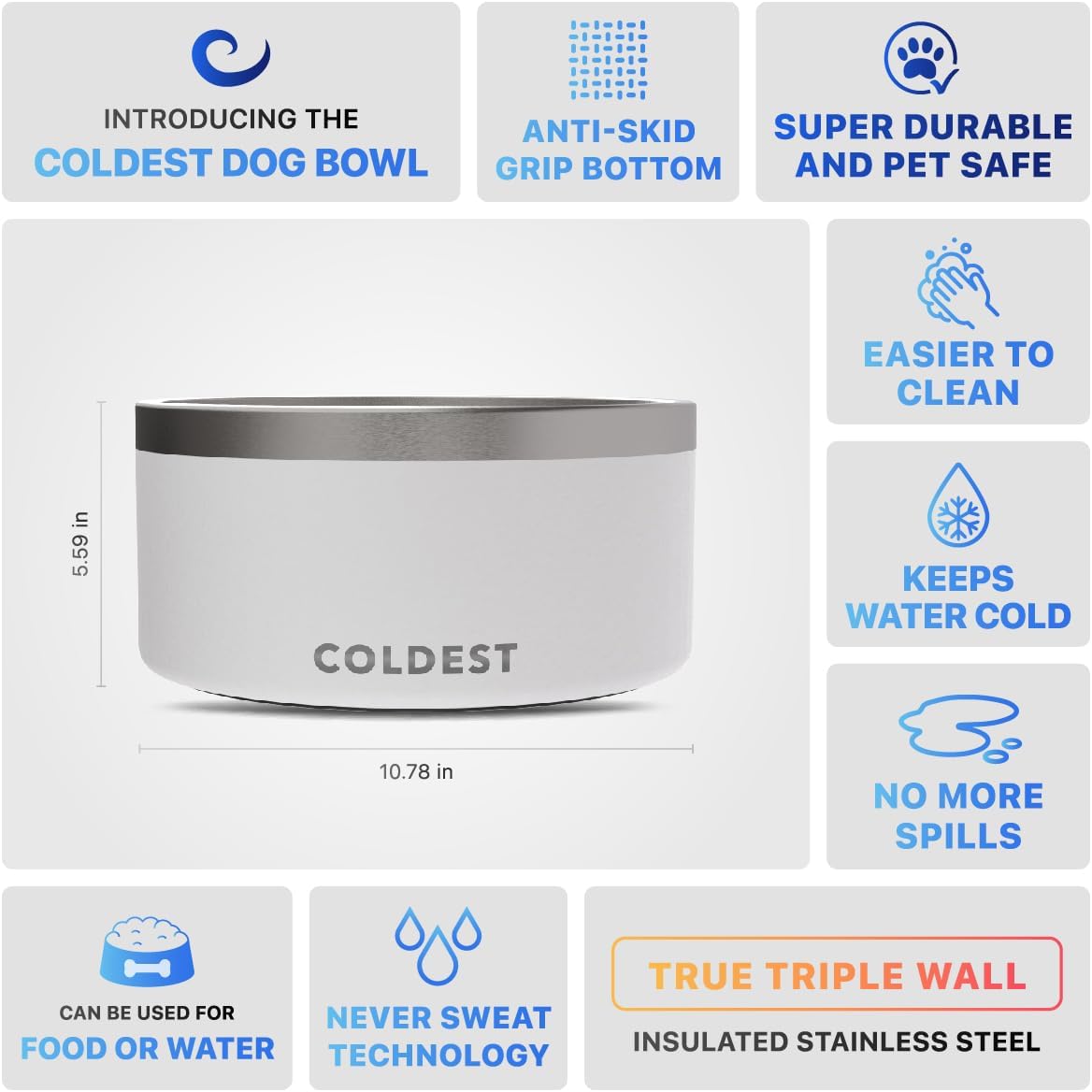Coldest Dog Bowl - Anti Rust Metal, Non Slip, 3 Layers Insulated Stainless Steel Dog Bowls - Spill Proof & Heavy Duty - Water Bowl for Dogs, Cats & Pets, Dish Washer Safe (200 oz, Epic White)