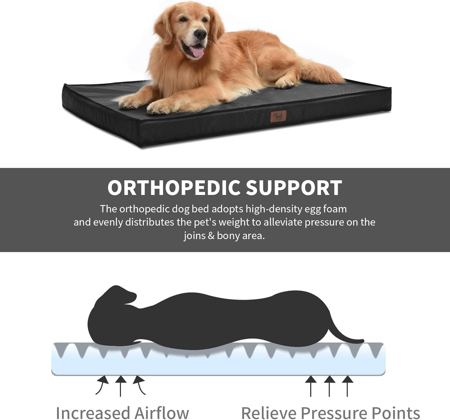 Outdoor Dog Bed for Medium Dogs, Waterproof Dog Bed for Medium Dogs Cats, Orthopedic Egg Crate Foam Pet Bed with Washable and Removable Oxford Cover, Black