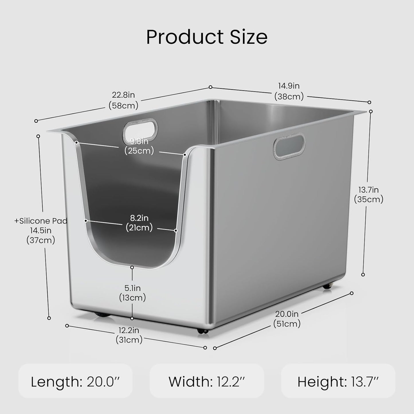 Stainless Steel Litter Box 13.7'' High Sides, XL Metal Cat Litter Box with Curved Low Entry, Cat Litter Pan for Big & Multiple Cats, Pet Toliet with Handy Wheels for Easy Moving