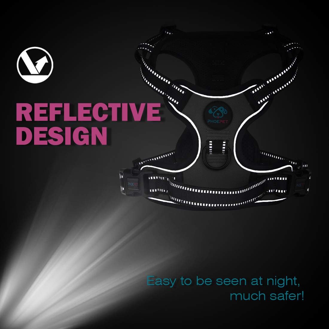 PHOEPET No Pull Dog Harness Medium Reflective Front Clip Puppy Vest with Handle,Adjustable 2 Metal Leash Attachment Hooks(M, Black)