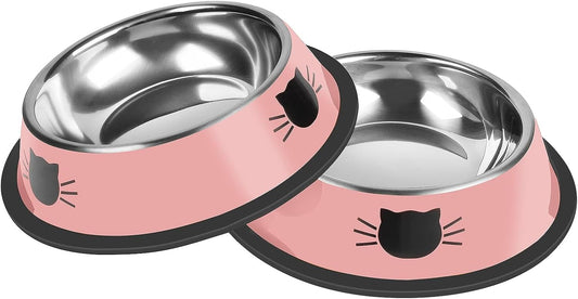 2Pcs Cat Bowls Non-Slip Stainless Steel Small Cat Food Bowls Unbreakable Thicken Cat Feeder 7 Oz Cat Dishes Suitable for Indoor Small Pets Removable Rubber Base Easily Clean Lovely Color