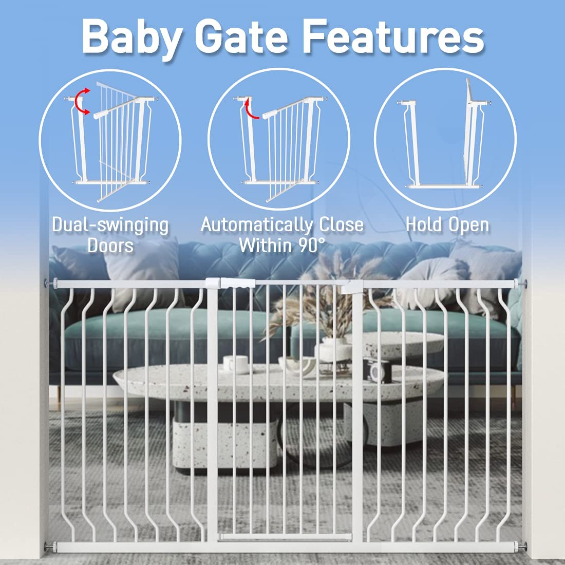 WAOWAO Extra Tall 40.55" Baby Gate 57.48-74.4" Wide Pressure Mounted Walk Through Swing Auto Close Safety White Metal Toddler Child Dog Pet for Indoor Stairs,Doorways,Kitche