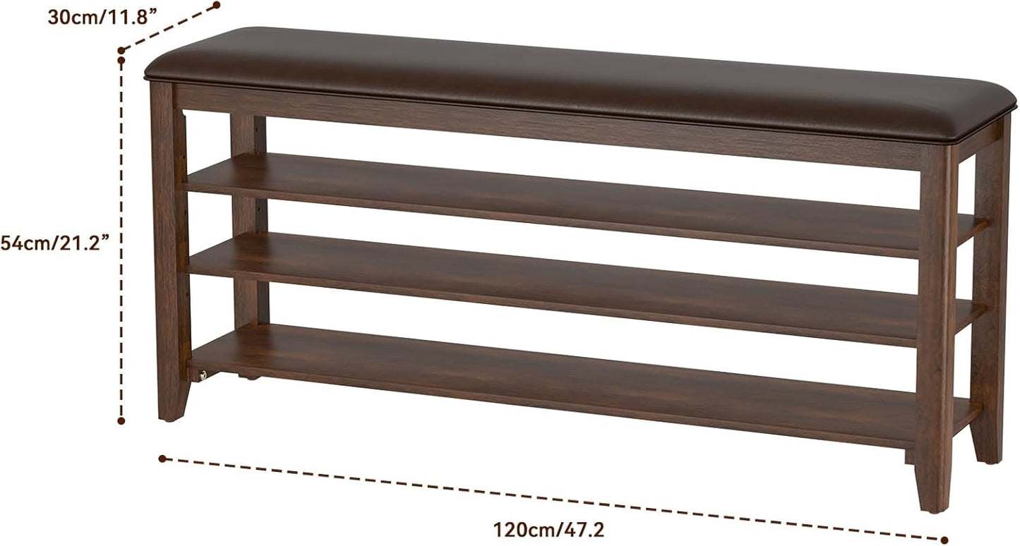 Shoe Bench Storage Rubberwood with Leather Cushion for Entryway Bench Ideal for Hallways Shoe Rack Front Doors Entrances Mudrooms Featuring 3 Height-Adjustable and Removable Shelves