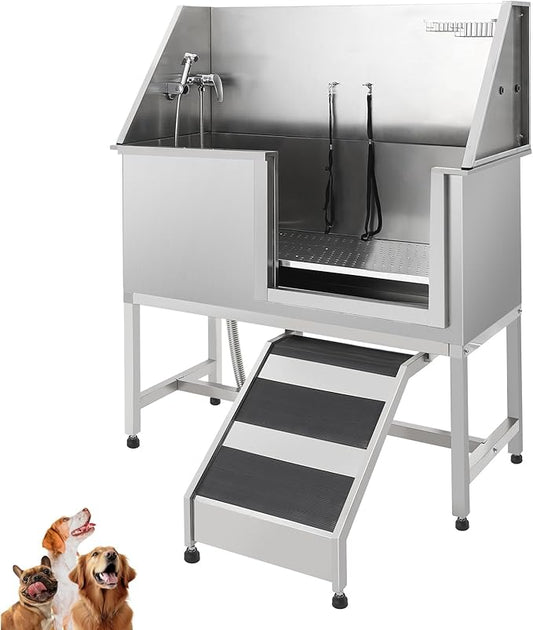 Stainless Steel Dog Washing Station - Dog Bath Tub for Large, Medium, Small Dogs, Pet Grooming Tub with Ramp, Non-Slip Grate, Shower, Soap Box, Faucet, Drain for Home & Outdoor （Right RAMP, 60"）
