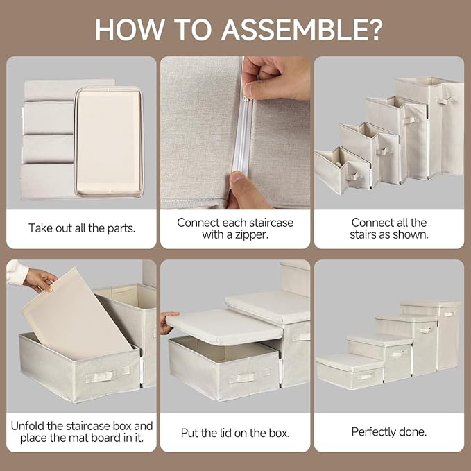 Dog Stairs with Storage, 4-Step Folding Pet Steps for Small Dogs and Cats, Pet Steps Storage with Zip, Pet Stairs for High Bed, Couch and Car Ramp (Beige, 4 Steps no Condo)