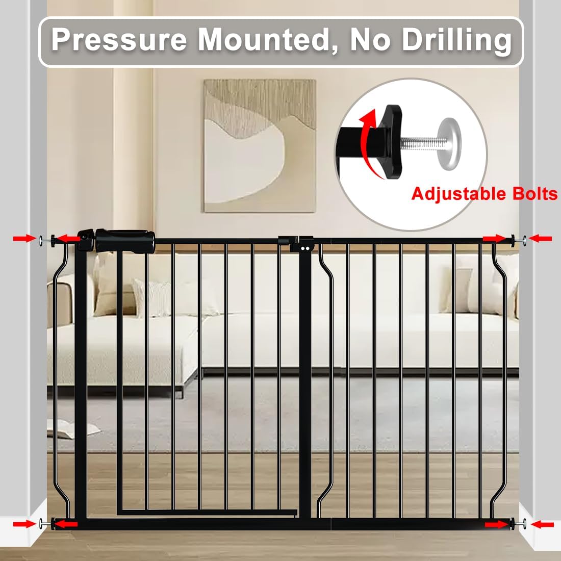 Narrow Baby Gate for Doorways Stairs, 24-29" Wide Pressure Mounted Walk Through Metal Auto Close Safety Child Gatesfor Kids or Pets, Black