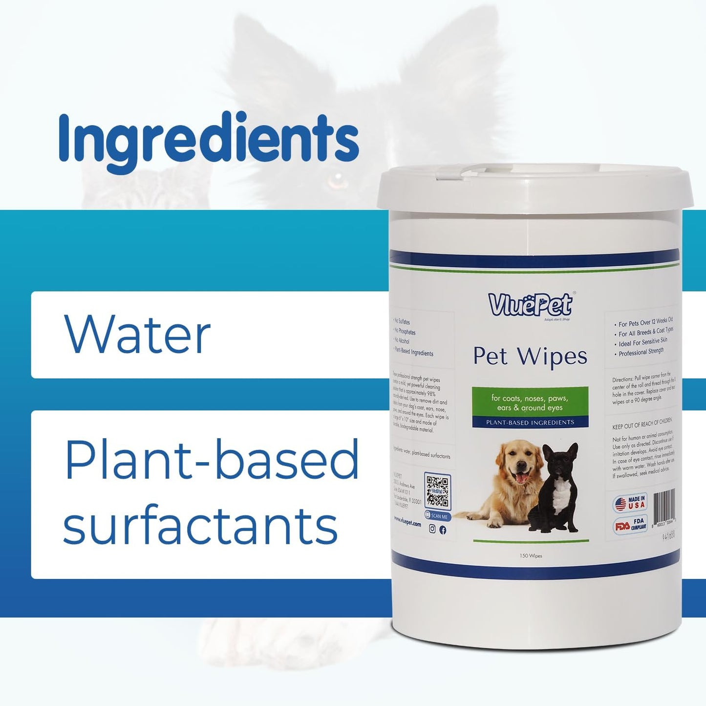 VLUEPET - Pet Wipes for Dogs & Cats | Biodegradable, Natural & Unscented Grooming Wipes for Paws, Coat, Ears, Eyes & Rear | Soft, Durable & Safe for Daily Cleaning, Fragrance-Free | 150 Count