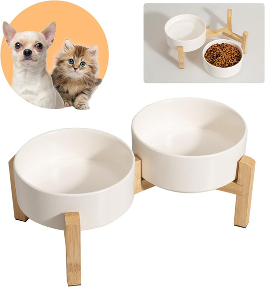 Elevated Ceramic Dog Bowl Set - Raised Feeding Bowls with Non-Slip Bamboo Stand - Small Pet Dishes for Food and Water - Ideal for Cats and Puppies - 16.23 OZ - 2 Cups - 480 ML