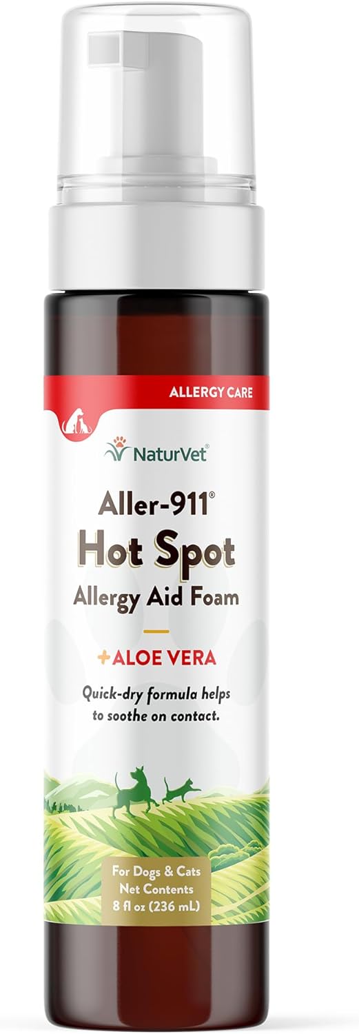 NaturVet Aller-911 Hot Spot Allergy Aid Foam Pet Supplement Plus Aloe Vera – Helps to Relieve Irritated, Itchy Skin for Cats, Dogs – Helps Deter Gnawing, Chewing – Quick Drying – 8 Oz.