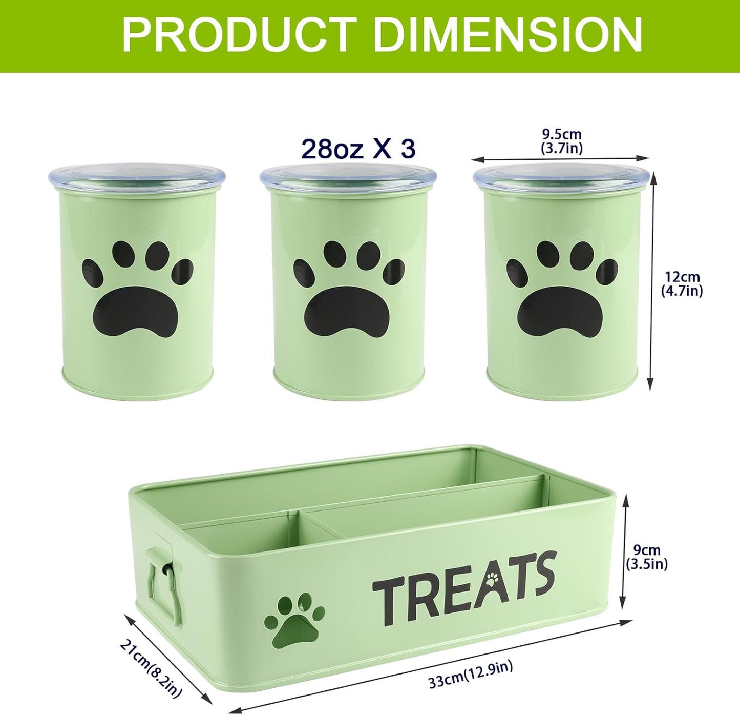 28oz Metal Dog Treat Container Set of 3,Dog Treat Jars with Airtight Lids,Cat Treat Jar,Dog Treat Canister for Countertop,Coated Galvanized Steel Dog Treats Station-Green