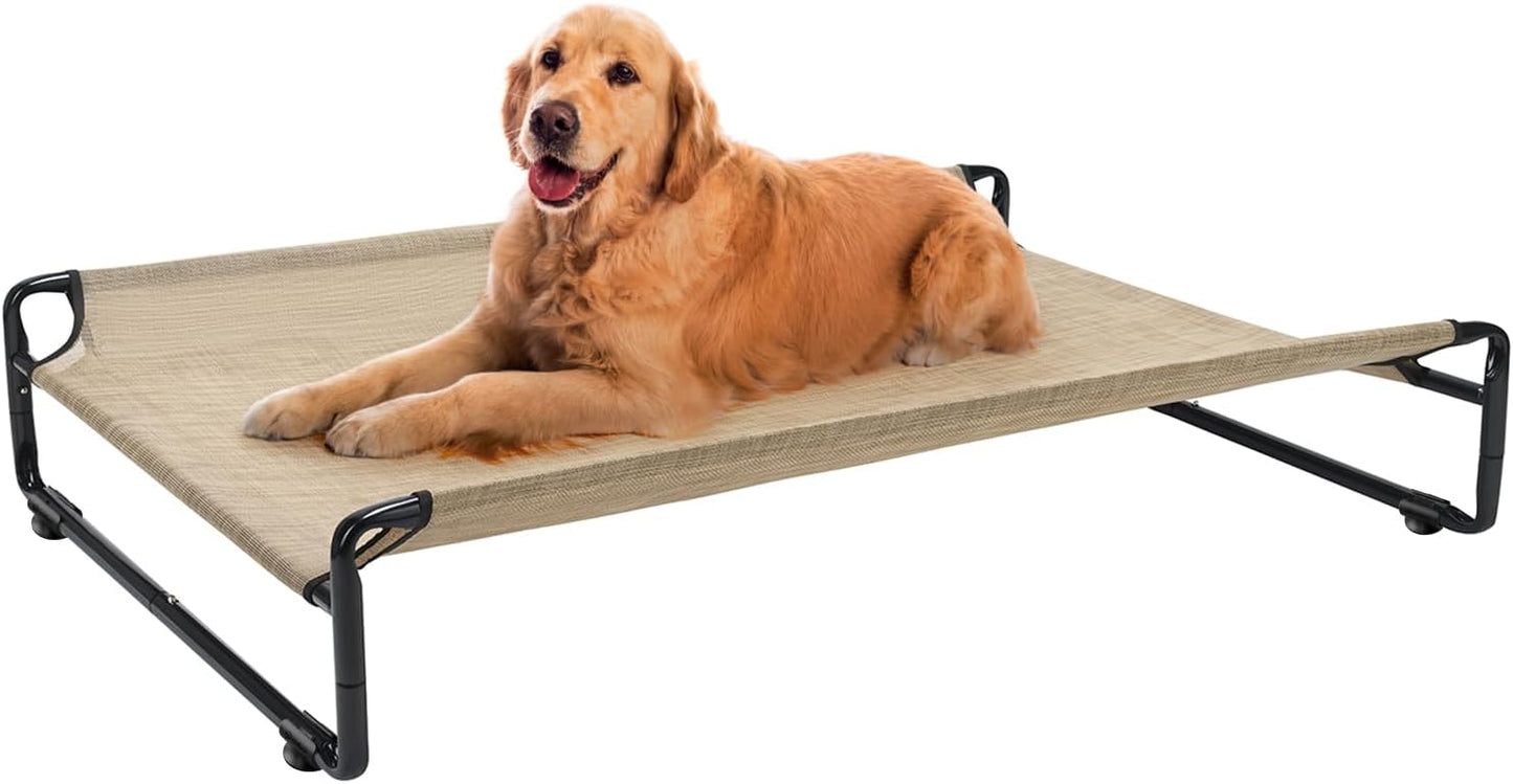 Veehoo Original Outdoor Elevated Dog Bed, Cooling Raised Dog Cot for Large Dogs, Portable Standing Pet Hammock Platform with Washable Breathable Mesh, No-Slip Feet, Large, Beige Coffee, CWC2201