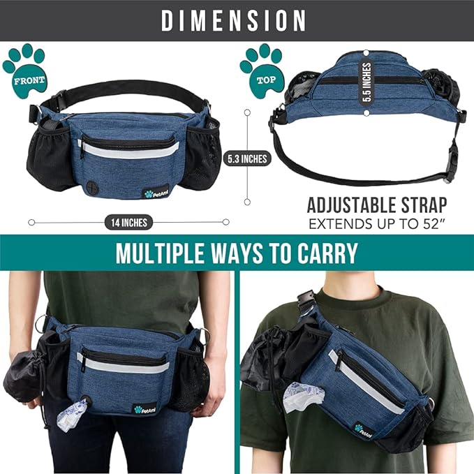 PetAmi Dog Fanny Pack, Treat Pouch for Dog Walking, Training, Built in Poop Bag Dispenser, Water Bottle Holder, Collapsible Bowl, Pet Treat Waist Belt for Hiking, Running, Kibbles (Navy Blue)
