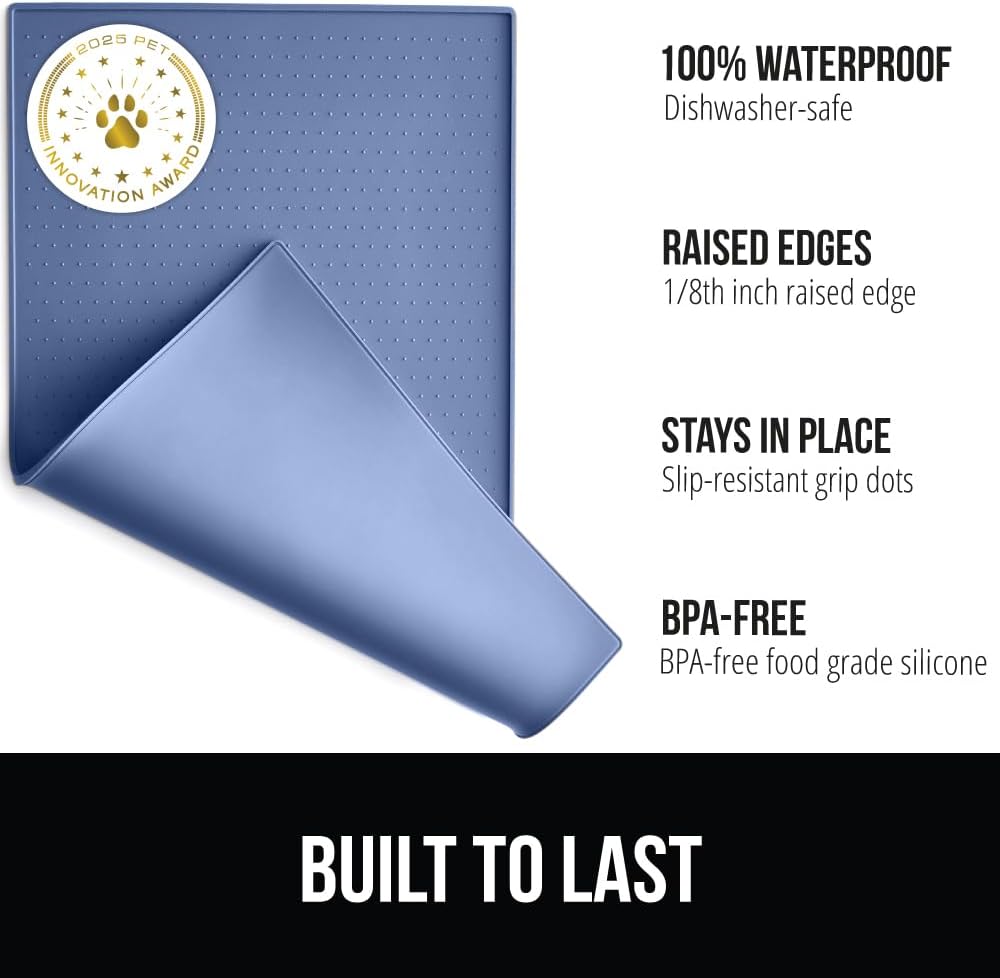 GORILLA GRIP 100% Waterproof Raised Edge BPA Free Silicone Pet Feeding Mat, Dog Cat Food Mats Contain Spills Protects Floors, Placemats for Cats and Dogs Water Bowl, Pets Accessories 28x18 Blue