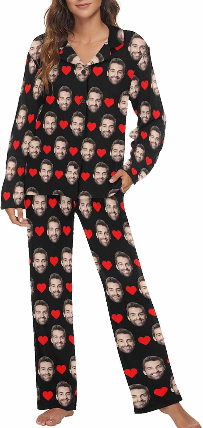 MyPupSocks Custom Face Pajamas for Women Set, Personalized Photo Long Sleepwear XS-XXL