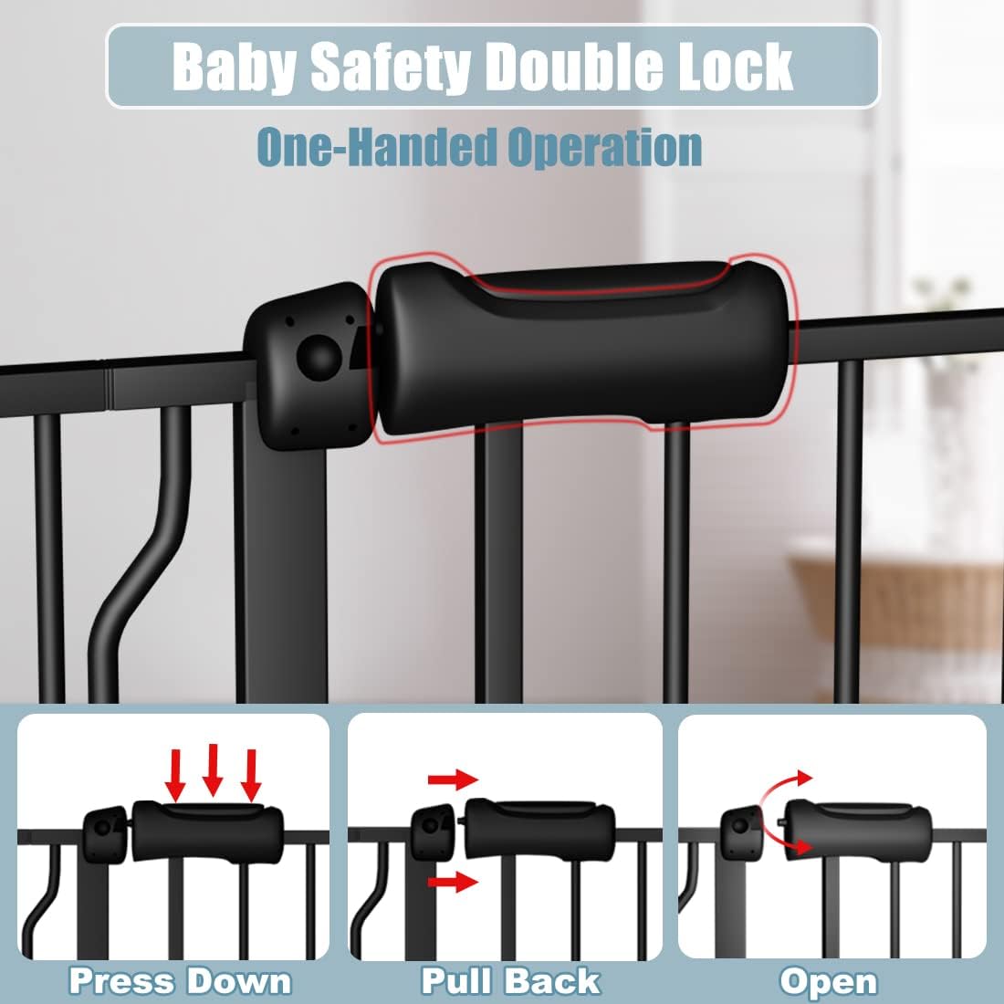 Extra Wide Baby Gate 71.6-76.37 Inch Black, Walk Through Pressure Mounted No Drill Long Large Tension Metal Gate for Dog and Toddler