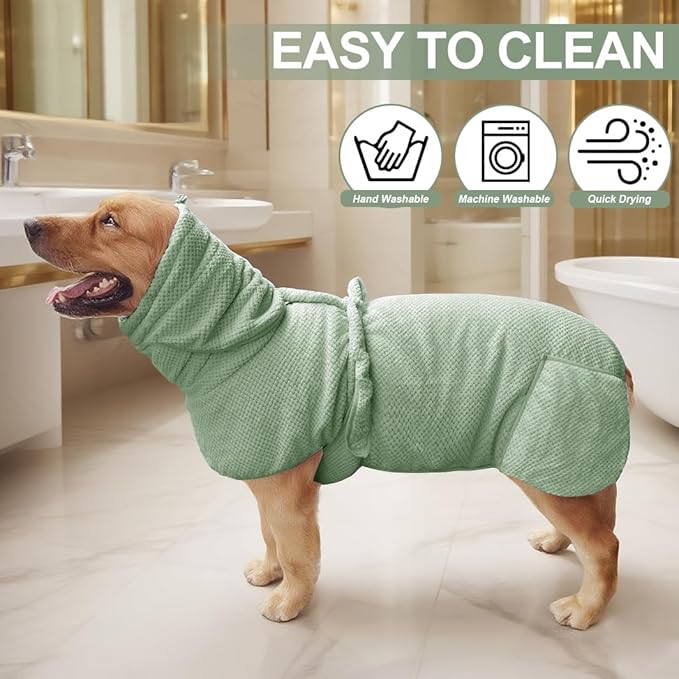 KOOGALSmall to Medium Size Dog Bathrobe, Quick Drying Super Absorbent Used for After Bathing, Warm Dog Towels, Adjustable Hoodies and Belts for Pet Dogs Bath Clothes Products(Green Jacquard, L)