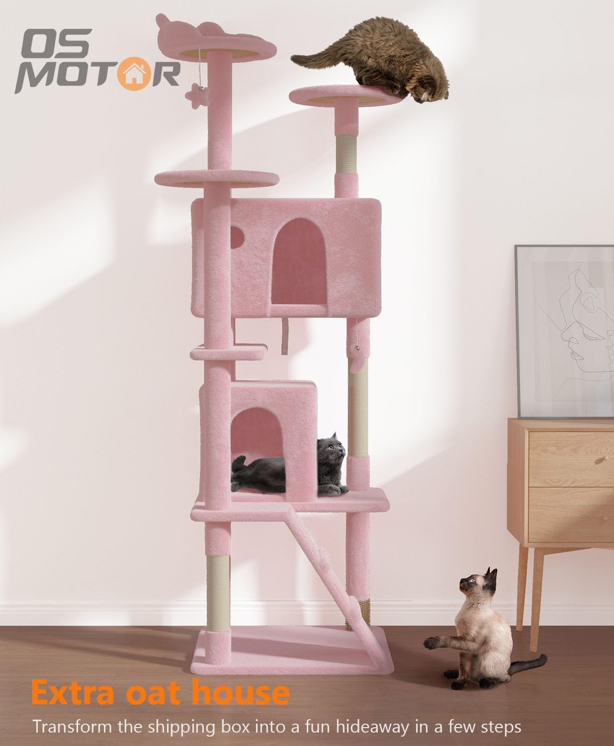 77'' Cat Tree Tower for Indoor Cats Large Adult, Cute/Tall Modern Cat Tree for Big Cats 20 lbs, Plush Multi-Level Cat Condo with Scratching Posts,Dangling Ball (Soft Pink, 77 inch)