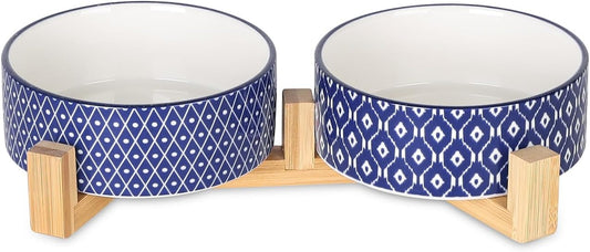 Selamica Ceramic 14 OZ Dog Bowls with Wooden Stand, Anti-Slip Dog Dishes Set for Cats & Small Dogs, Weighted Pet Bowls Set of 2, Vintage Blue