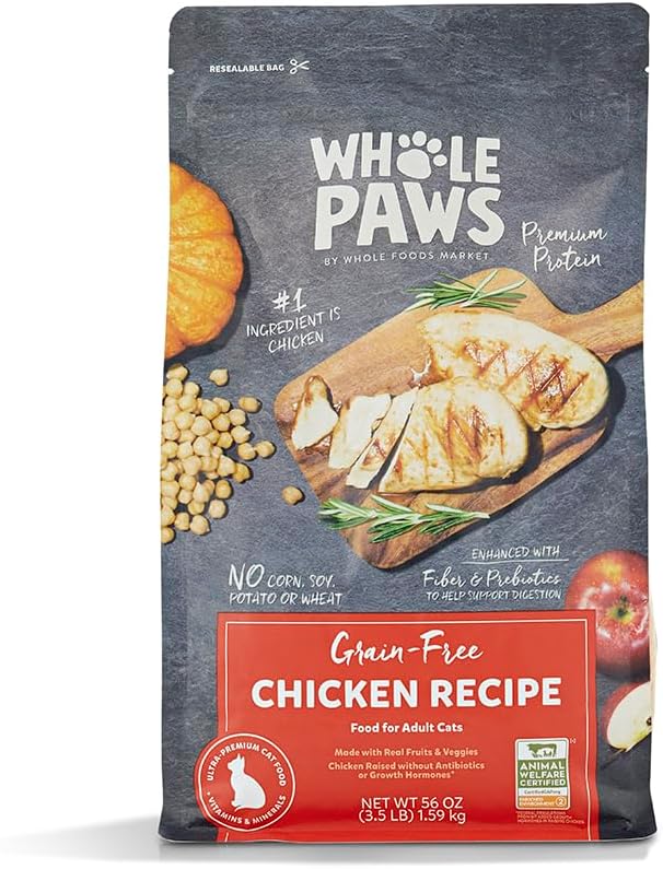 Whole Paws by Whole Foods Market, Grain-Free Adult Cat Food, Organic Chicken Recipe, 3.5 Pound