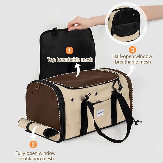 Pet Carrier Bag, Foldable Cat Bag Airline Approved, Soft-Sided Cat Travel Bag, Washable Dog Carrier Privacy Protection for Home Outdoor Travel(M, Brown)