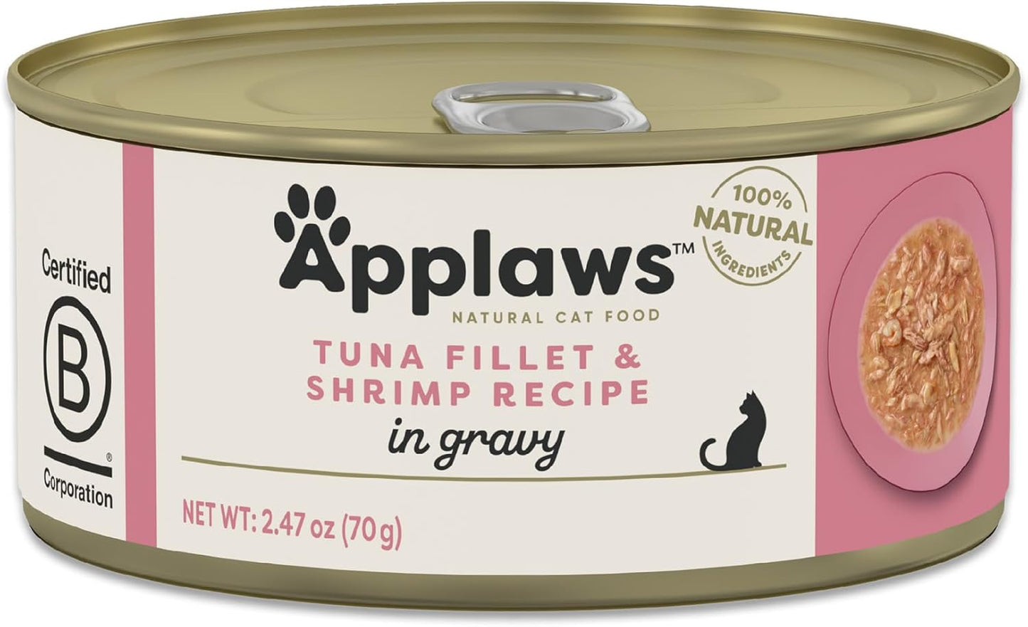 Applaws Natural Wet Cat Food in Gravy, Limited Ingredient Canned Wet Cat Food, No Additives, Made with Natural Ingredients, Tuna Fillet & Shrimp in Gravy (24 x 2.47oz Cans)