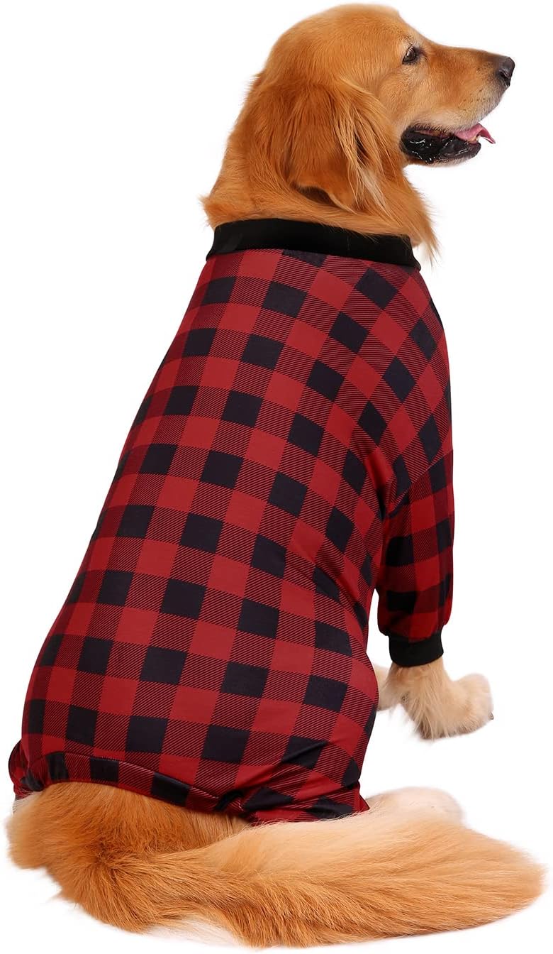 HDE Dog Pajamas One Piece Jammies Jumpsuit Pet Clothes Outfit Stretchy Lightweight Comfy Shirt Pjs for M-3XL Dogs Buffalo Plaid - 3XL