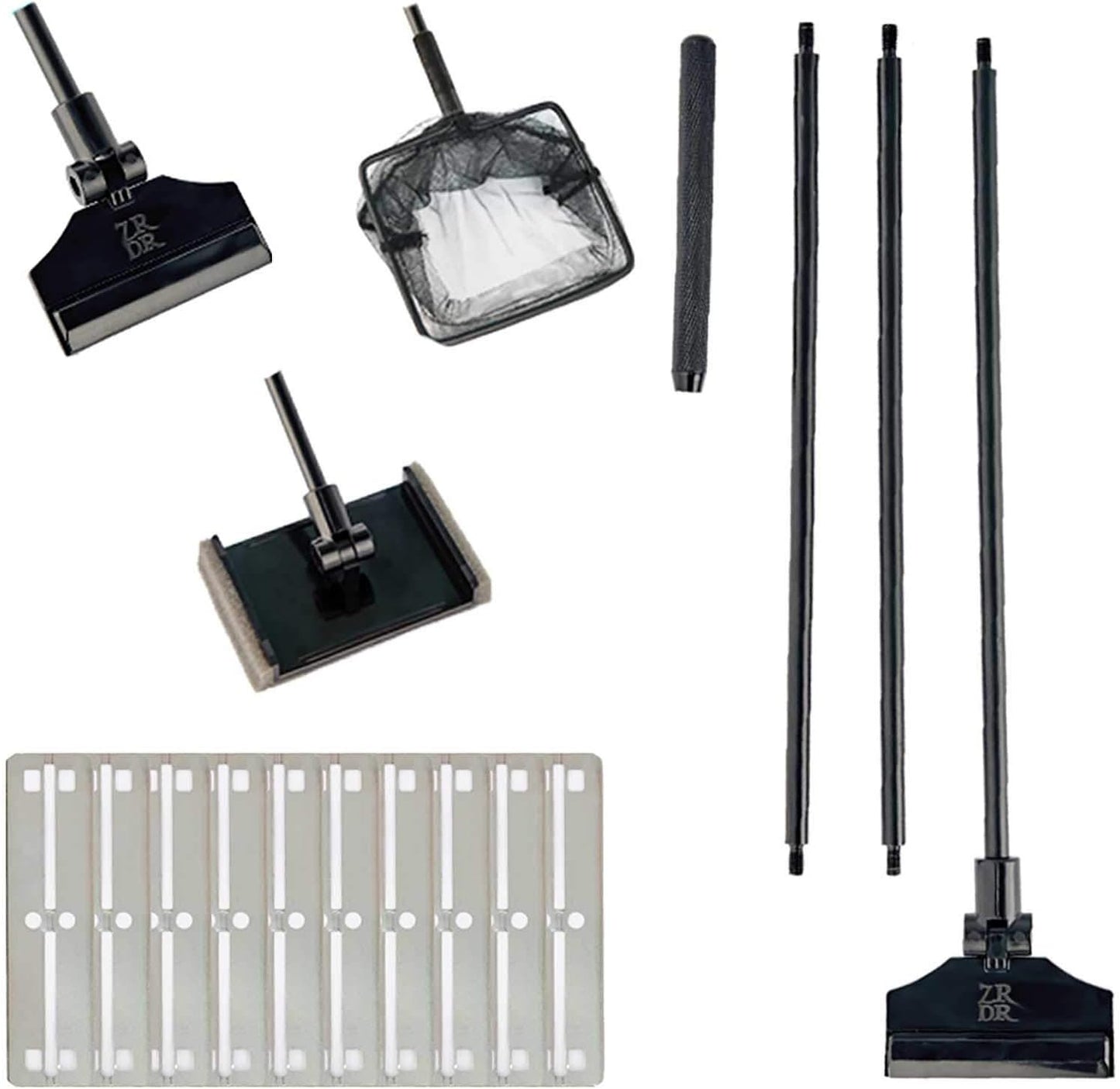 ZRDR Stainless Steel Algae Scraper Aquarium Cleaning Tool for Glass Aquariums, Including Algae Scraper, Sponge Pad, Fish Net, Cleaning Brush, Adjustable Length, Durable, Does Not Hurt The Fish Tank