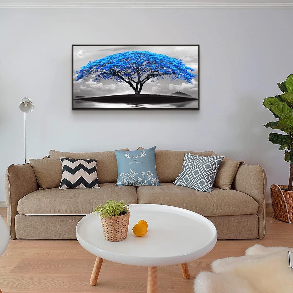 Framed Canvas Wall Art For Office Large Size Living Room Wall Decor Bedroom Decor Wall Pictures Artwork Black And White Landscape Blue Tree Moon Wall Painting Home Decorations Black Frame 24" X 48"