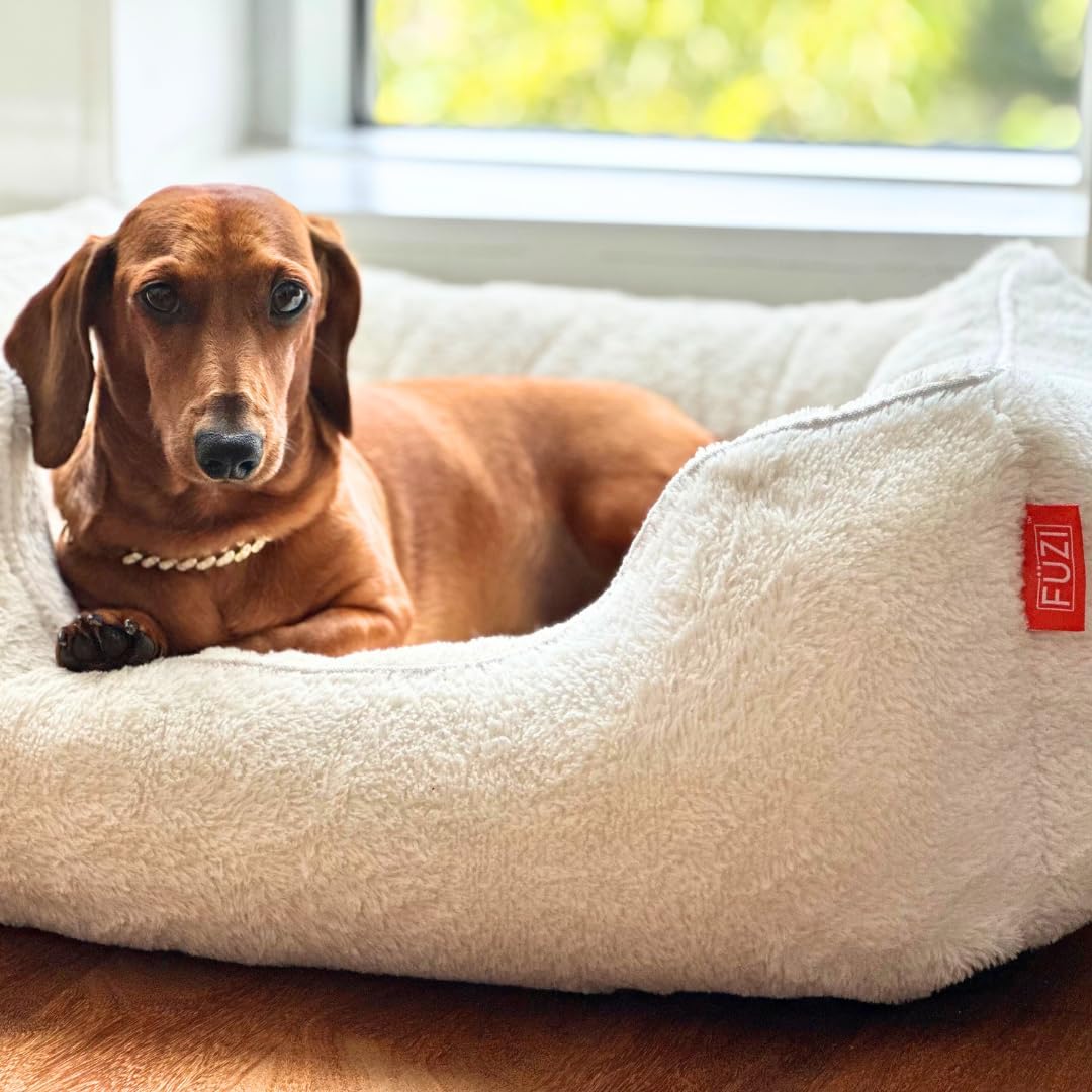 FUZI Luxury Aesthetic Dog Bed with Extra Cover for Large Dogs, Washable Pet Couch, Pet Bed with Sides, Non-Slip Bottom, Soft and Durable Calming Dog Bed, Faux Fur, Large 35.6x28.5x9.5 Soft White