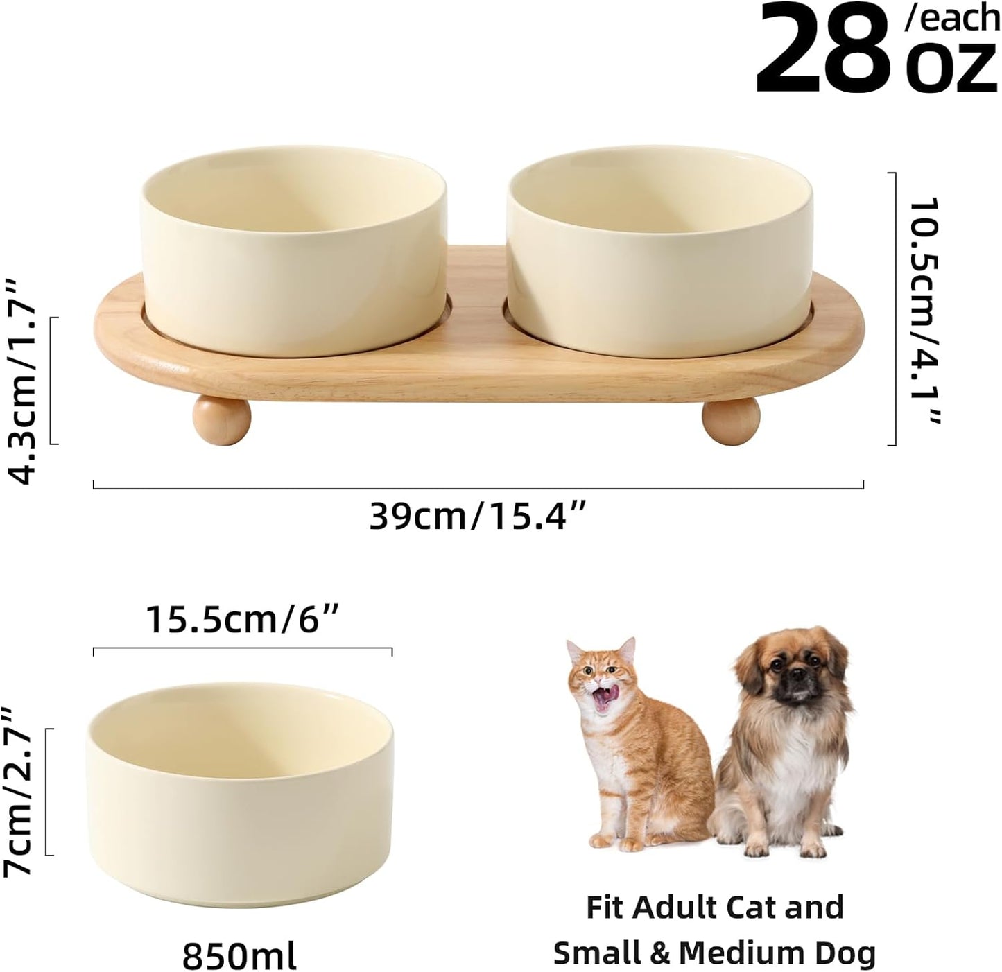 Ceramic Elevated Dog Bowls, Food and Water Bowls for Dogs, Puppy, Raised Dog Dish, Pet Feeder(6inch, 2 x Beige + Stand)