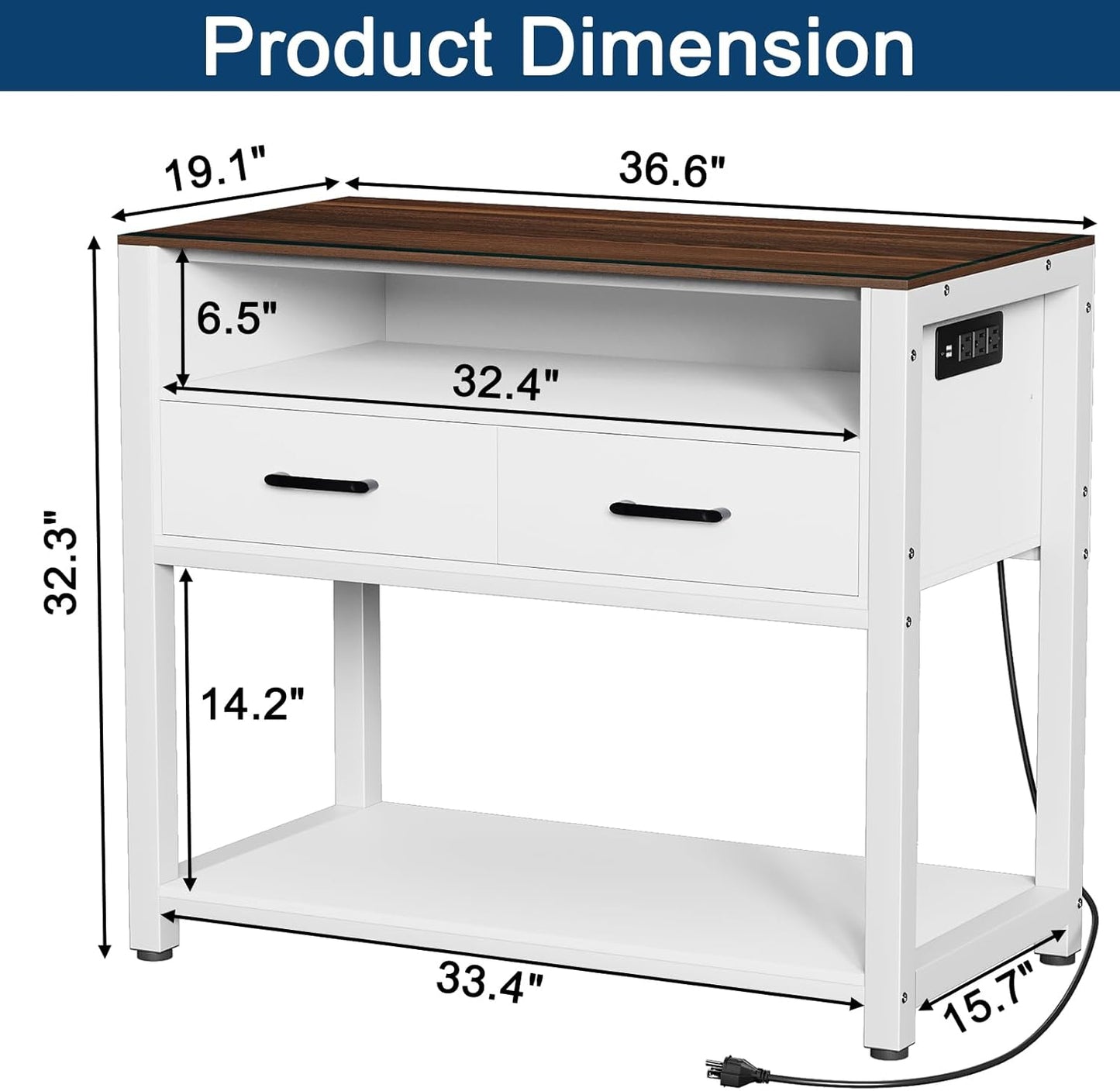 40-50 Gallon Fish Tank Stand with Power Outlet & 2 Storage Drawers, Heavy Duty Metal Frame Aquarium Stand with Waterproof Mat, 36.6" L*19.1" W Tabletop, 800LBS Capacity, White+Brown