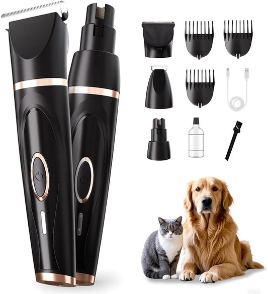 Dog Clippers Grooming Kit with Paw Trimmer, 3 in 1 Low Noise Electric Rechargeable Cordless Pet Shaver with Nail Grinder Dog Hair Trimmer for Dogs Cats and Other Pets