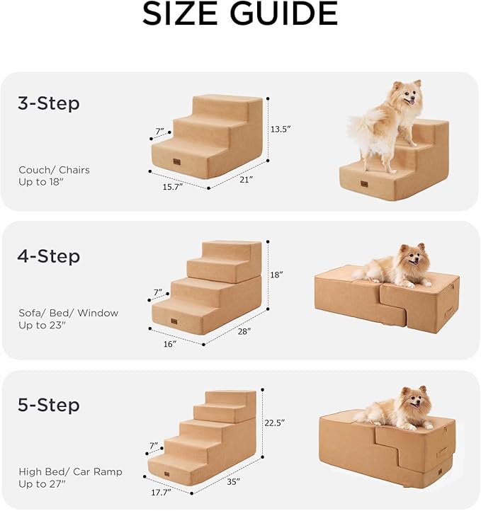 Made4Pets Dog Steps for Bed, Extra Wide Dog Stairs for High Bed Couch Sofa, 35D Foam Pet Steps for Small Dogs and Cats, Non-Slip Bottom Pet Stairs, Tan, 4 Steps